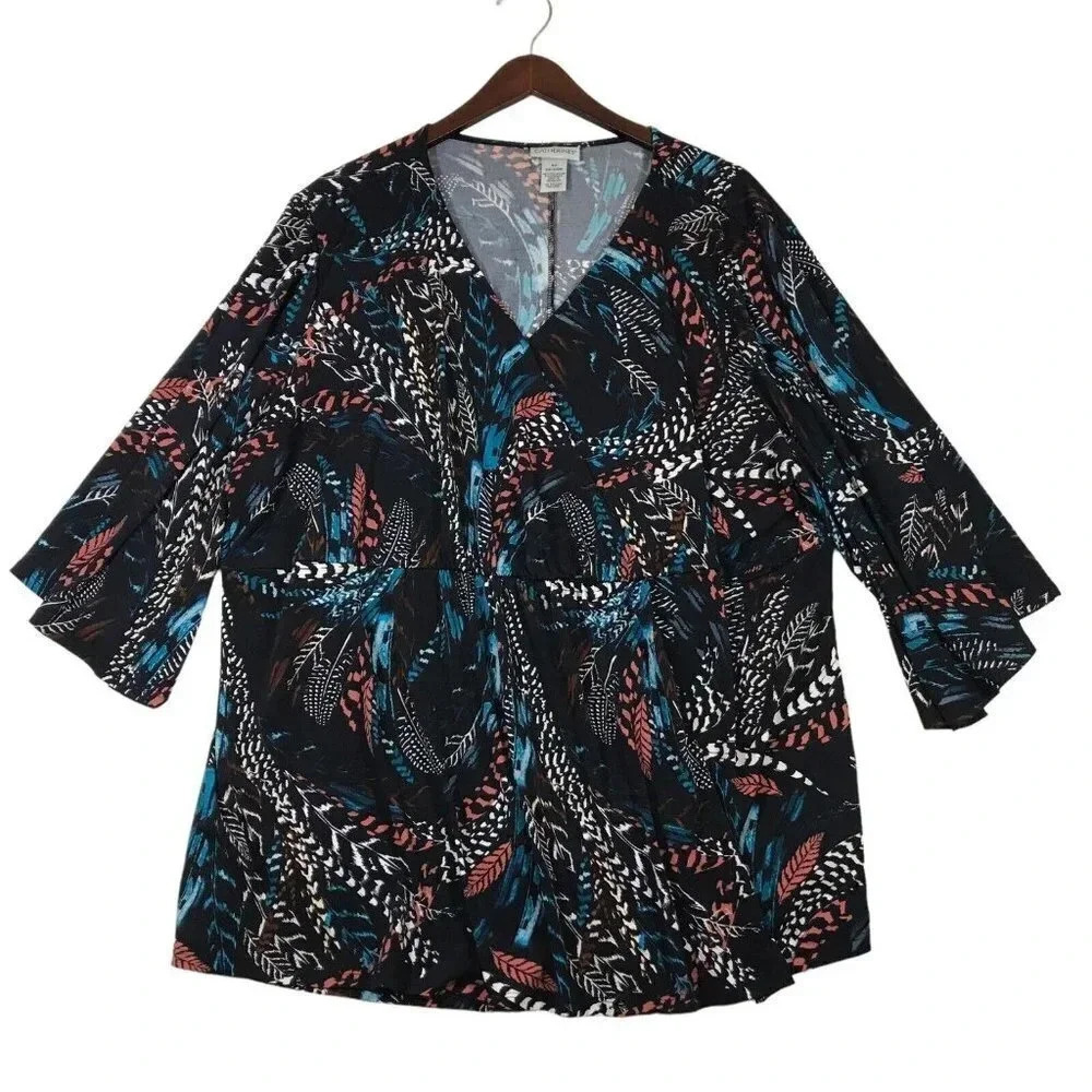 Catherines Plus 2X Blouse Top Baby Doll Navy Feather Leaf Print Faux Wrap V-neck